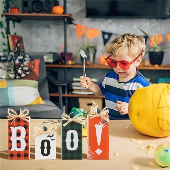 4PCS Wooden Boo Sign Block -Halloween Tabletop Decorations for Farmhouse & Party - Picture 5 of 7